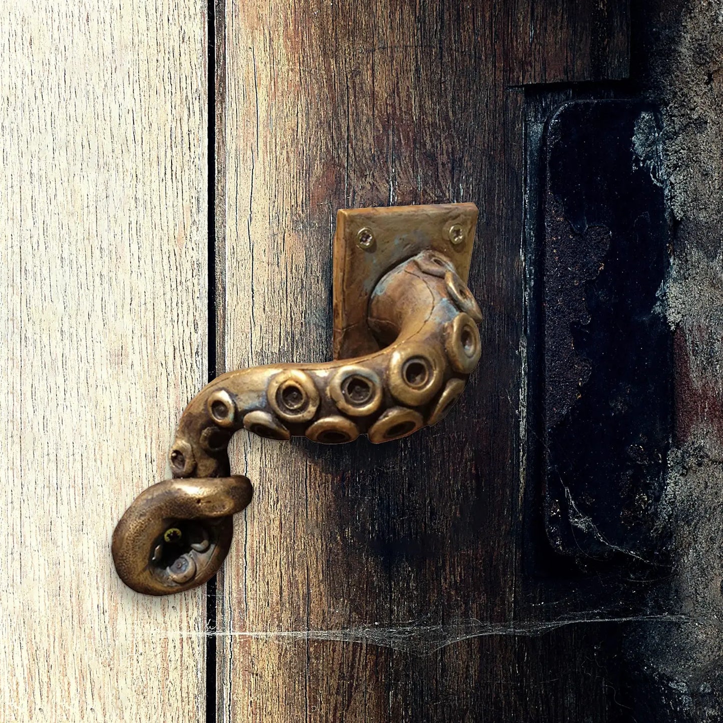 Octopus tentacle handle placed on a door, showing its vivid detail and unique punk-inspired look.