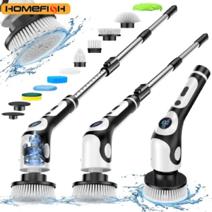 black and white cordless electric cleaning brush with swappable rotary heads
