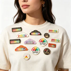Social Battery Pin mood slider badge in black zinc alloy clipped to a denim jacket lapel, unisex interactive mood tracker brooch