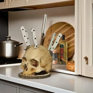 Skull knife holder gothic skeleton head knife block in brown and purple on kitchen countertop
