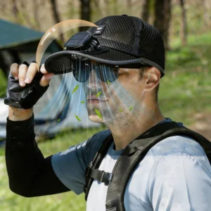 Solar fan hat — unisex large brim quick-dry bucket hat with built-in USB rechargeable cooling fan in beige