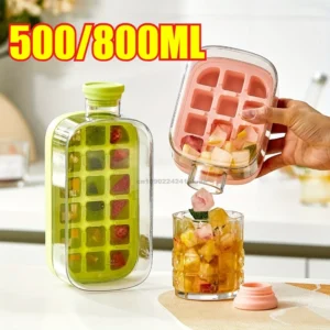 Ice cube water bottle with 12-grid food-grade ice mold, fitted lid, and flexible easy-release design