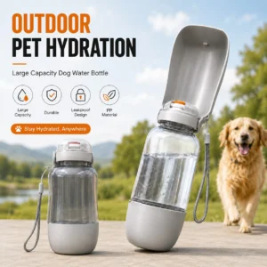 Leakproof 500ml dog water bottle in blue with gravity-fed drinking bowl for hiking and car travel