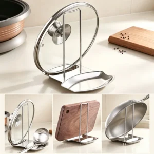 Stainless steel pot lid rack holding four pan lids upright on a kitchen countertop with a rustproof spatula and spoon rest