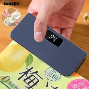 echargeable mini bag sealer with LED display sealing a chip bag, handheld heat sealer for plastic bags with built-in cutter