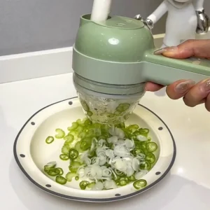 Cordless electric vegetable chopper 4-in-1 food processor with stainless steel blade and transparent feed cone on kitchen counter