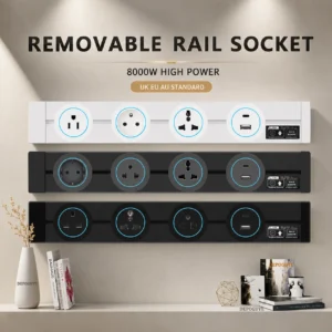 Wall mounted power track socket in white and black with multi-standard plug compatibility