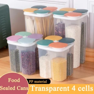 4-grid airtight cereal storage container with clear body and dark lid holding grains, beans and spaghetti on an organized pantry shelf