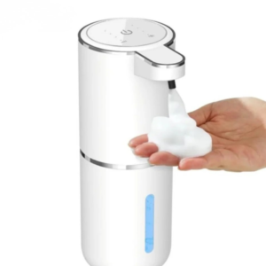 White automatic foam soap dispenser — rechargeable, wall-mount vertical design with infrared sensor and foam nozzle